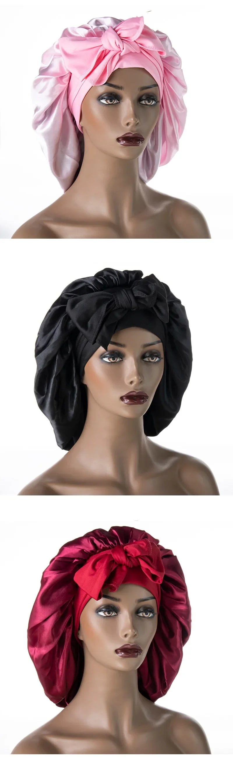 Satin Nightcap for Women - Wide Stretch, Extra-Large Long Tail, Shower Cap with Ribbon, Round Hat Hair Bonnet