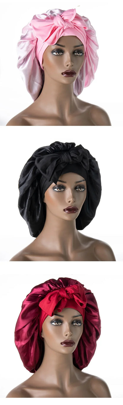 Satin Nightcap for Women - Wide Stretch, Extra-Large Long Tail, Shower Cap with Ribbon, Round Hat Hair Bonnet