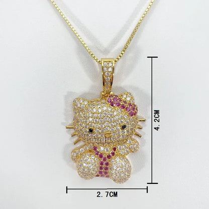 Kawaii Hello Kitty Necklace – Anime Sanrio Hip Hop Diamond Pendant with Cuba Chain, Cute Cartoon Jewelry Gift for Men & Women