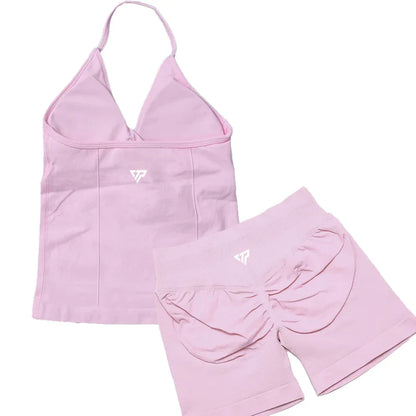 Women’s 2-Piece Yoga Set – Seamless Gym Outfit with Shorts & Lace-Up Sports Bra, High Quality Fitness Activewear Set