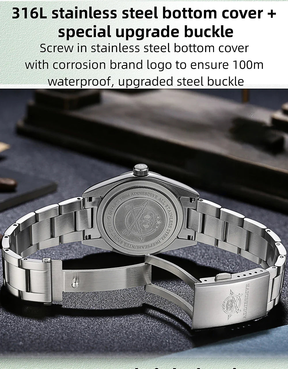 ADDIESDIVE 36MM Men's Stainless Steel Quartz Watch — Luxury Bubble Mirror Glass, 100M Waterproof Timepiece AD2066