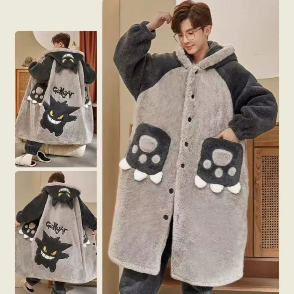Gengar Pokemon Pajamas Set — Men’s Large Winter Coral Fleece Hooded Nightgown, Thick Warm Anime Home Suit