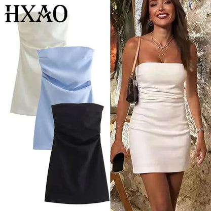 HXAO Women’s Off-Shoulder Corset Dress – Ruched Backless Bodycon Short Party Dress in Blue, Black & White