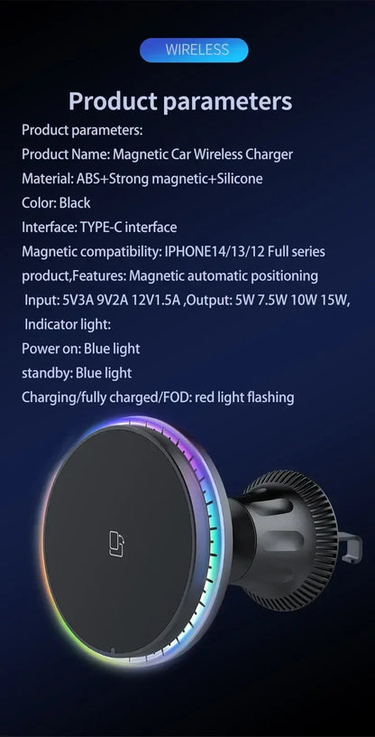 30W RGB Magnetic Car Wireless Charger – Fast Charging Stand Mount for iPhone 12-15 Pro Max, MagSafe Compatible