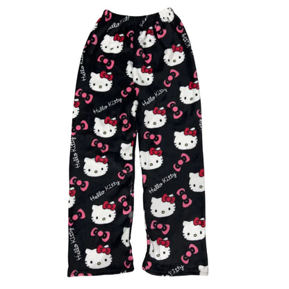Kawaii Hello Kitty Flannel Pajama Pants – Warm Woolen Anime Trousers for Women, Cute Autumn Loungewear Gift