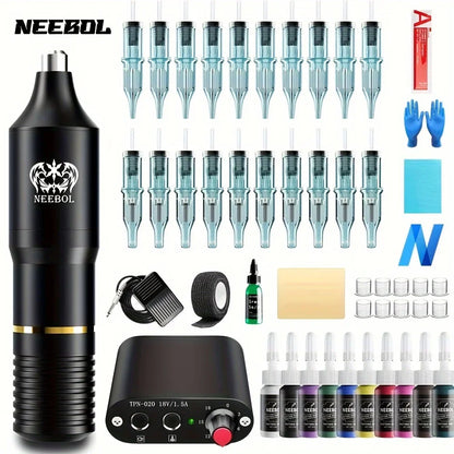 Neebol Wireless Tattoo Machine Kit — Complete Rotary Pen Set with Cartridges, Needles, Ink for Body Art & Valentine’s Gift