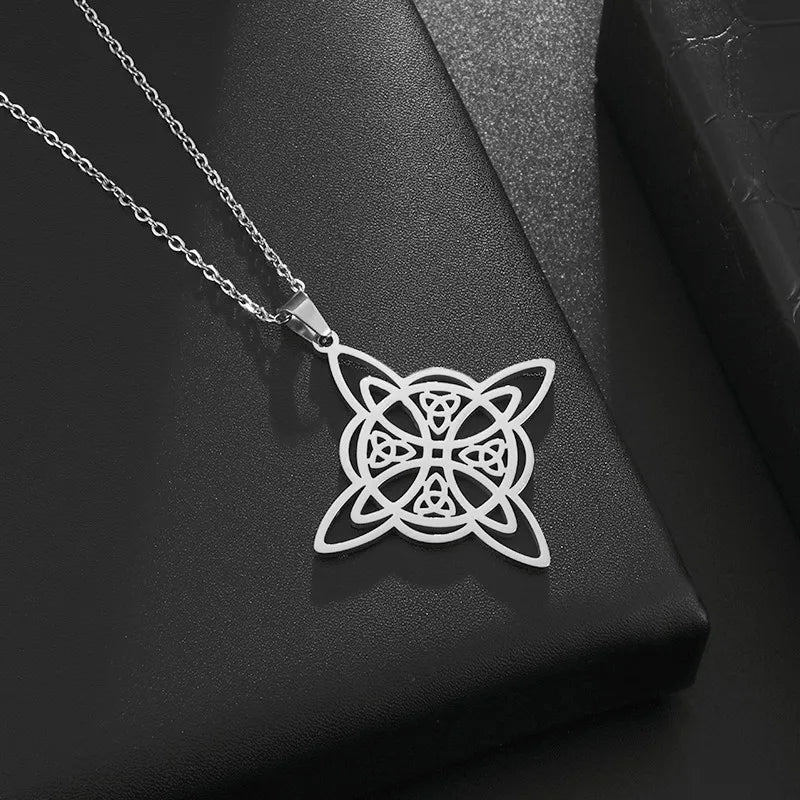 Witch Knot Necklace – Stainless Steel Magic Celtic Knot Pendant, Pagan Witchcraft Symbols, Jewelry Gift for Women