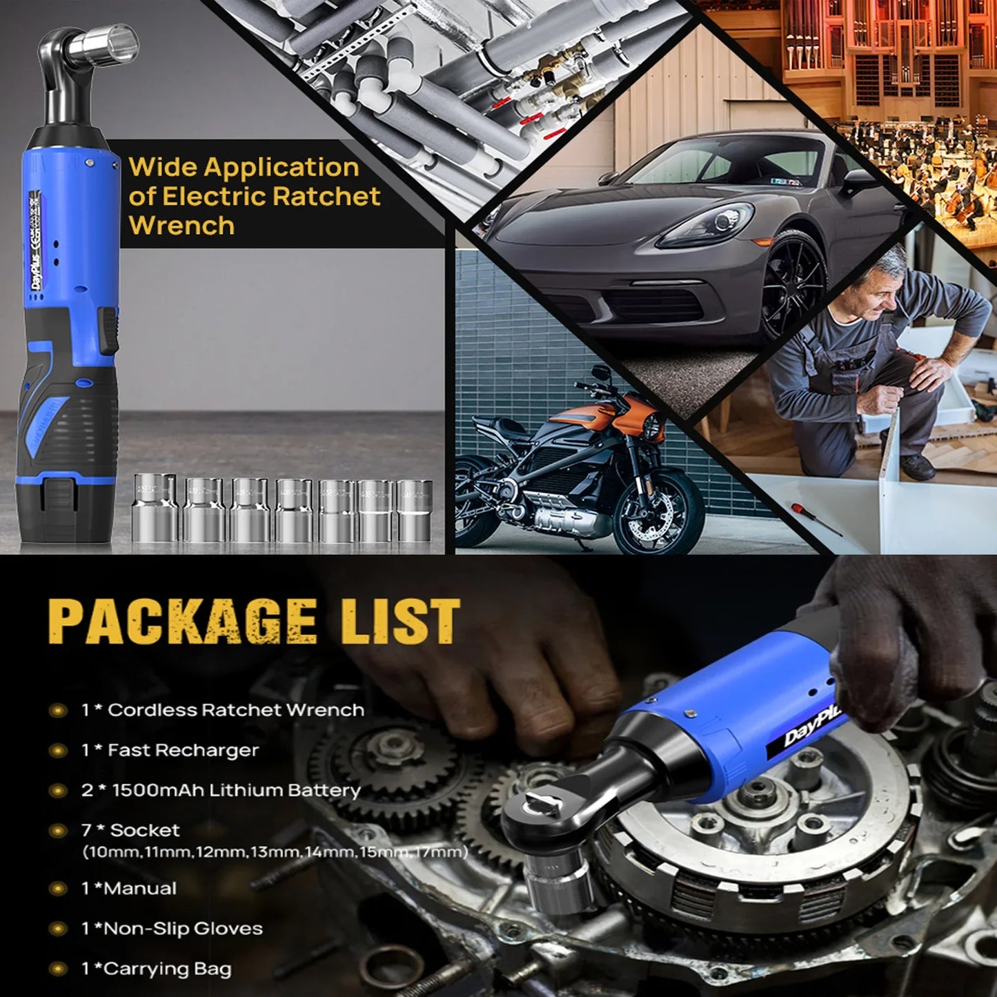 Electric Cordless 3/8" Right Angle Ratchet Wrench — 90° Power Ratchet with LED Light, +7PCS Sockets & 2 Batteries