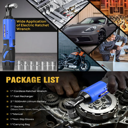 Electric Cordless 3/8" Right Angle Ratchet Wrench — 90° Power Ratchet with LED Light, +7PCS Sockets & 2 Batteries