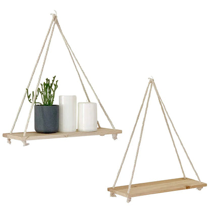 Wooden Rope Swing Wall Hanging Plant Tray | Floating Wall Shelves for Flowers | Nordic Home Decoration with Modern Simple Design