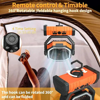 20000mAh Portable Rechargeable Fan — Battery-Operated Desk & Camping Fan with LED Light & Hook for Tent, Car, and Outdoor Trips