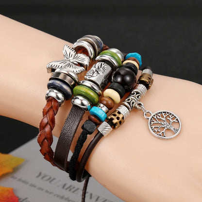 Vintage Gothic Punk Moon & Star Metal Bracelet - Multilayer Leather Bangle for Men, Leaf & Sun Arm Jewelry