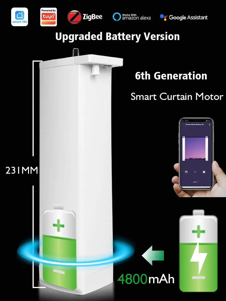 Tuya ZigBee Battery-Powered Electric Curtain Motor – Wireless, Automatic, SmartLife App Remote, Works with Google Home