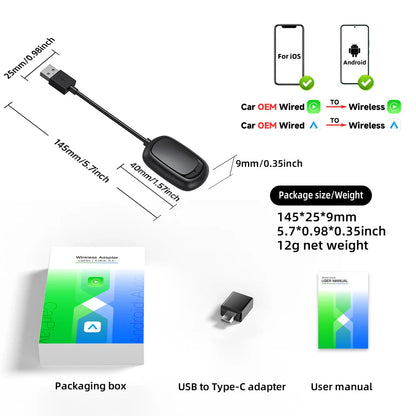 TIMEKNOW 2 in 1 Wireless CarPlay and Android Auto Mini Box – USB/Type C Dongle, Wired to Wireless Adapter
