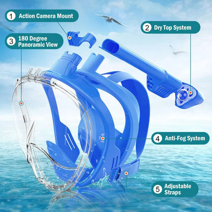 Full Face Snorkel Mask with Camera Mount - Wide-View, Anti-Fog, Anti-Leak Diving and Snorkeling Mask for Adults and Kids