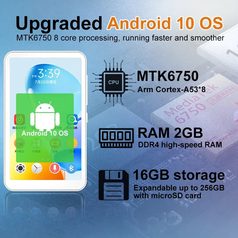 Famue BF12 4-Inch MP4 Player - 1080P Android 10 Media Player with Wi-Fi, Bluetooth & Google Play Store
