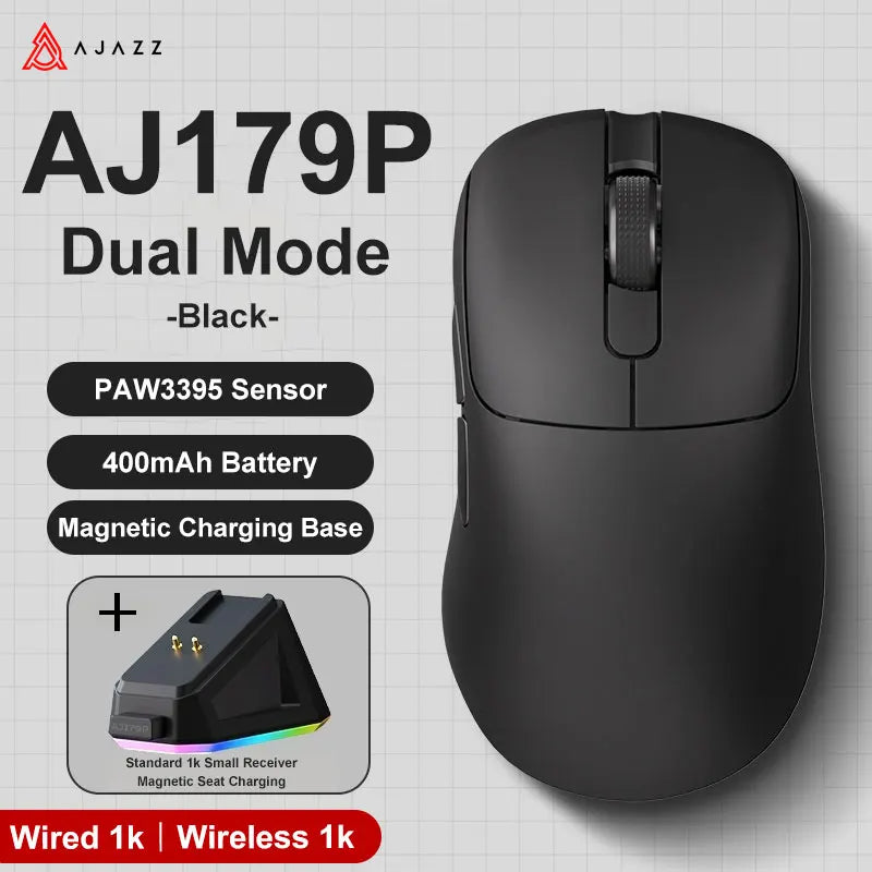 AJAZZ AJ179 PRO PAW3395 Gaming Mouse — Lightweight Wired & Wireless with Magnetic Charging Base, Ergonomic Macro Mouse for PC & Laptop