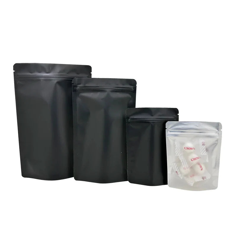20–100PCS Black Matte Zipper Bags — Smell-Proof Mylar Pouches with One-Side Clear Window
