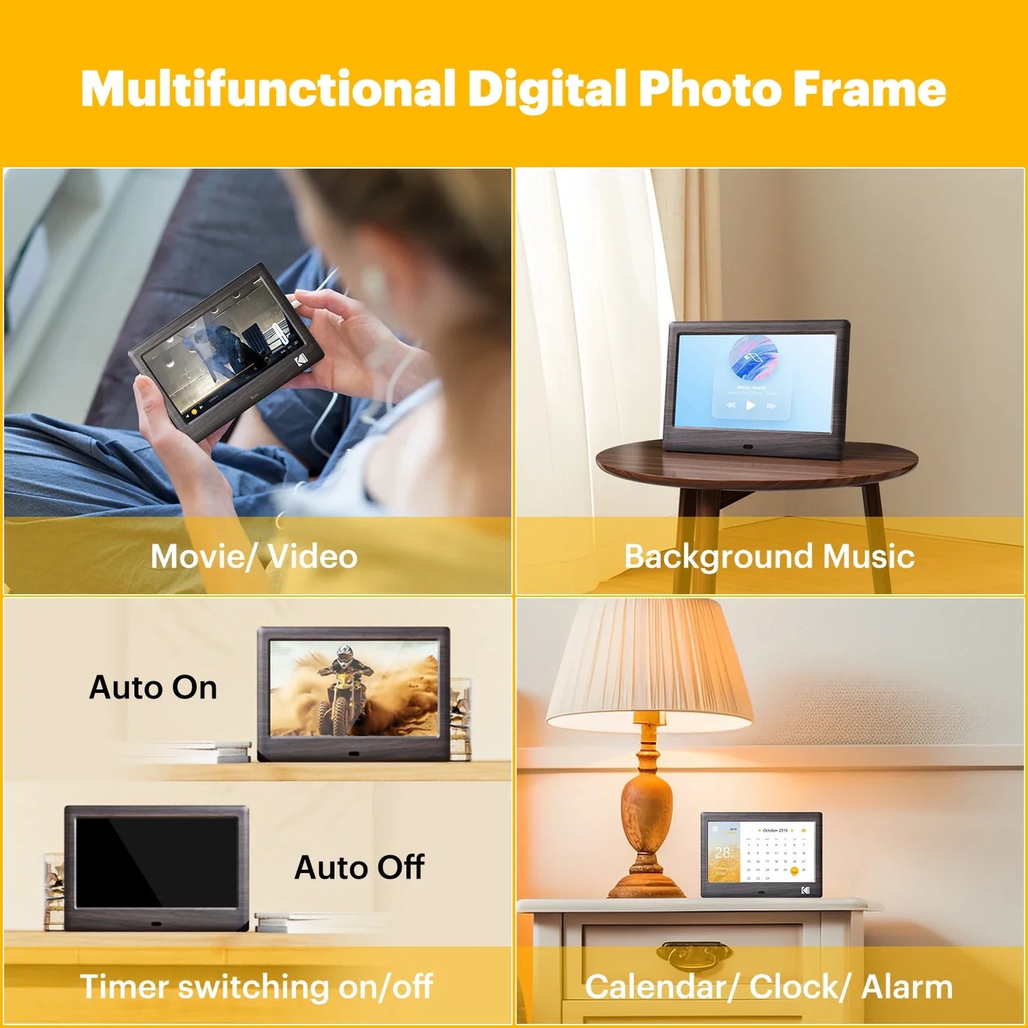 KODAK 7-Inch Digital Photo Frame with Remote – 1024x600 HD Screen, Electronic Album, Video, Music, Clock & Calendar Player