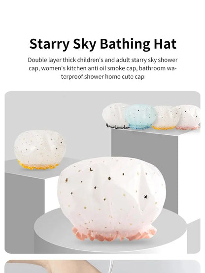 Double-Layer Waterproof Shower Cap — PVC Bathing Hat for Adult Women, Kitchen & Bathroom Use