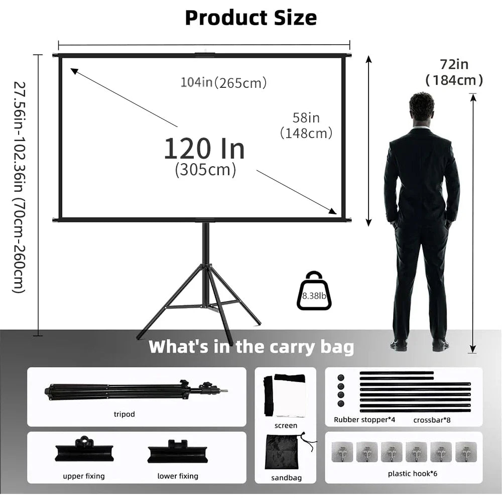 Foldable 16:9 Projector Screen with Stand – Wrinkle-Free 60–120" Portable Home Theater Indoor/Outdoor Screen