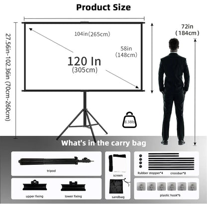 Foldable 16:9 Projector Screen with Stand – Wrinkle-Free 60–120" Portable Home Theater Indoor/Outdoor Screen