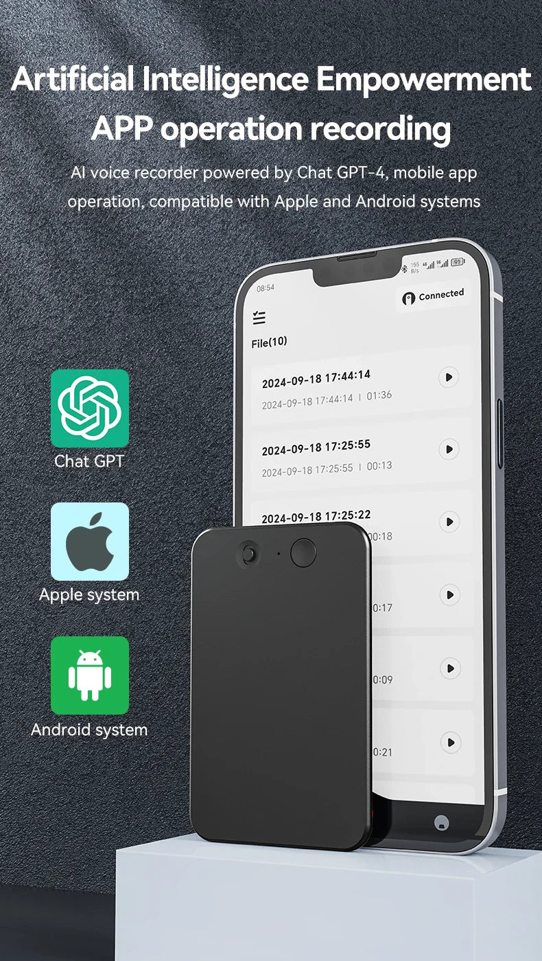 AI-Powered ChatGPT-4 Phone Call Recorder – Mini Audio Voice Recorder, Transcribe & Summarize, 58 Language Translator, Audio Dictaphone