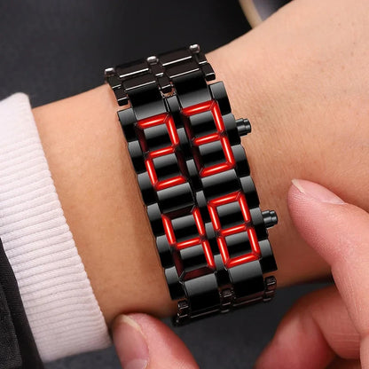 Men's Fashion Digital Lava Wrist Watch – Black Full Metal with Red/Blue LED Display, Sporty Gift for Men & Boys