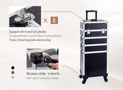 Makeup Trolley Case 4-in-1 — Detachable Alloy Train Briefcase with Wheels, Lockable Large Capacity Storage for Nail Manicure Salon