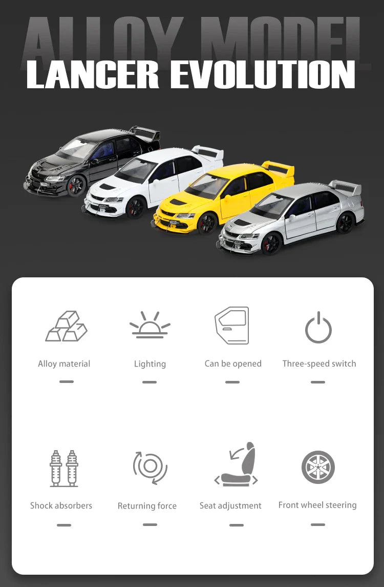 JDM 1:32 Mitsubishi Lancer Evolution IX — Diecast Metal Alloy Racing Car Model with Sound & Light, Right Rudder Gift