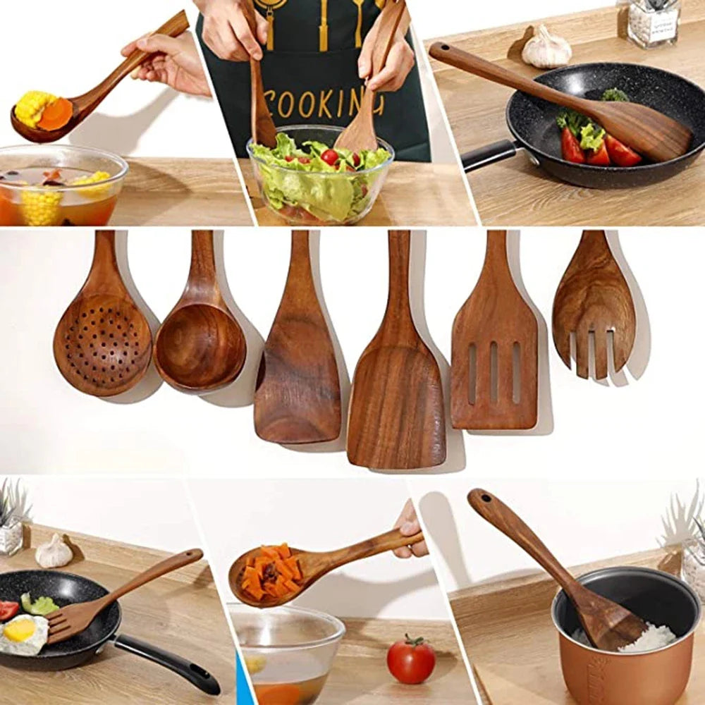 1–10PCS Teak Wooden Cooking Spoons – Smooth Non-Stick Wooden Utensils Set for Kitchen Cooking