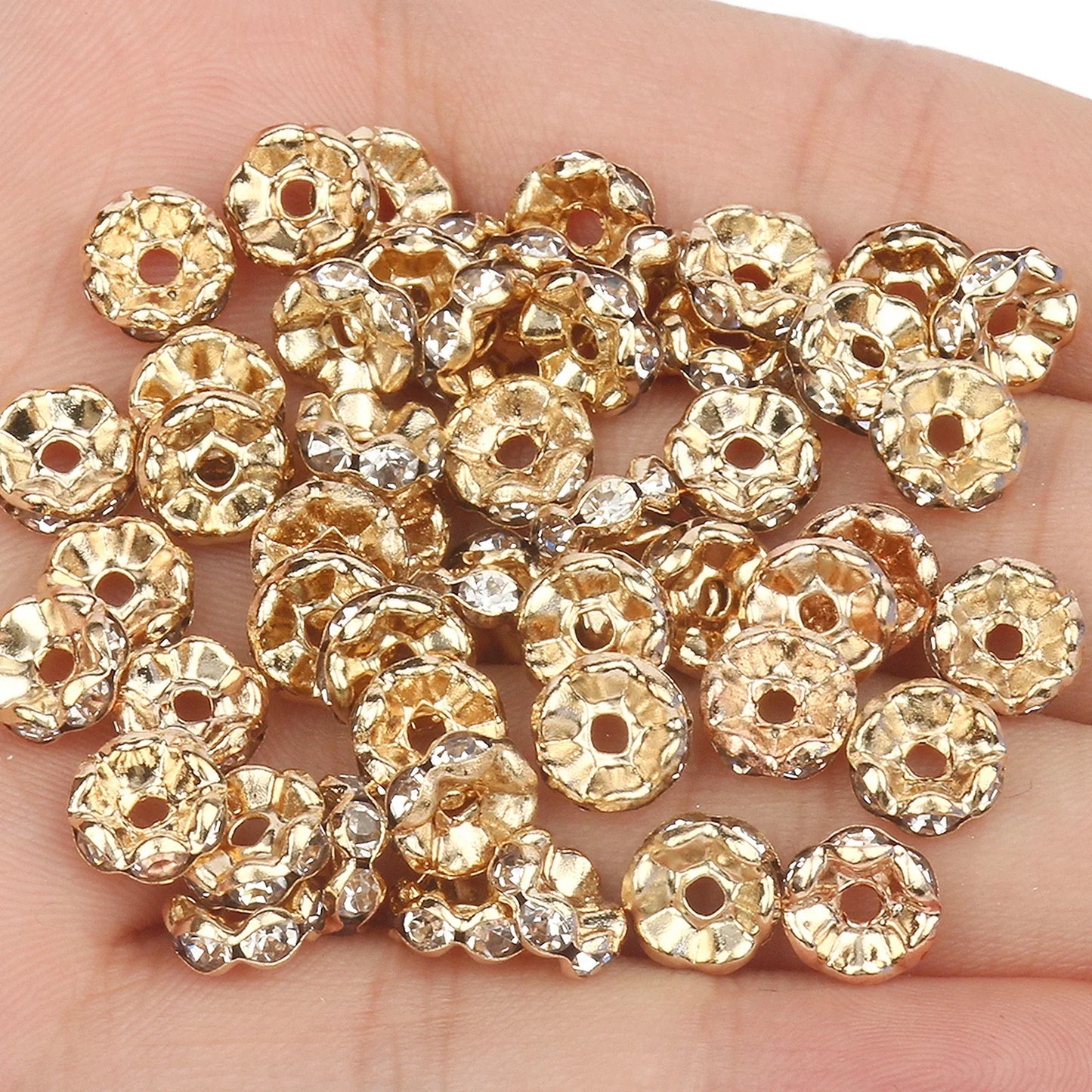 50PCS Rhinestone Spacer Beads Set – Multi-Color Crystal Rondelle Metal Beads for DIY Jewelry & Bracelet Making
