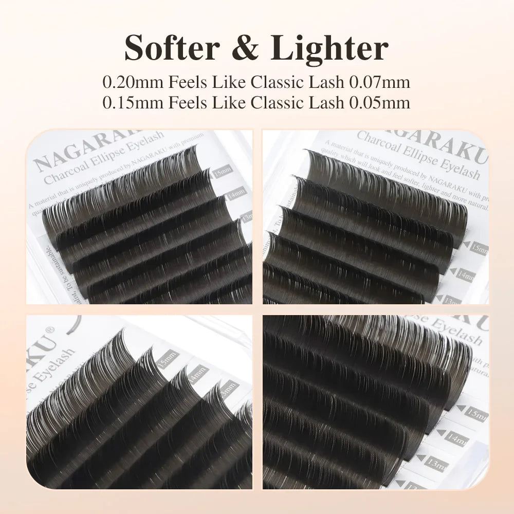 NAGARAKU Flat Ellipse Eyelashes — Matte Gray & Black Super Soft Natural Split-Tip Extension Lashes