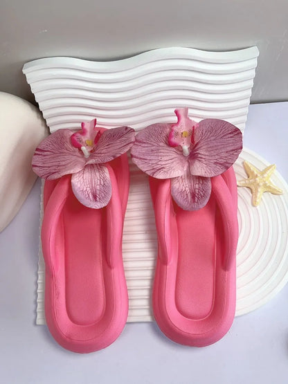 Women’s Phalaenopsis Flower Flip Flops - Cute Multicolor Summer Slippers