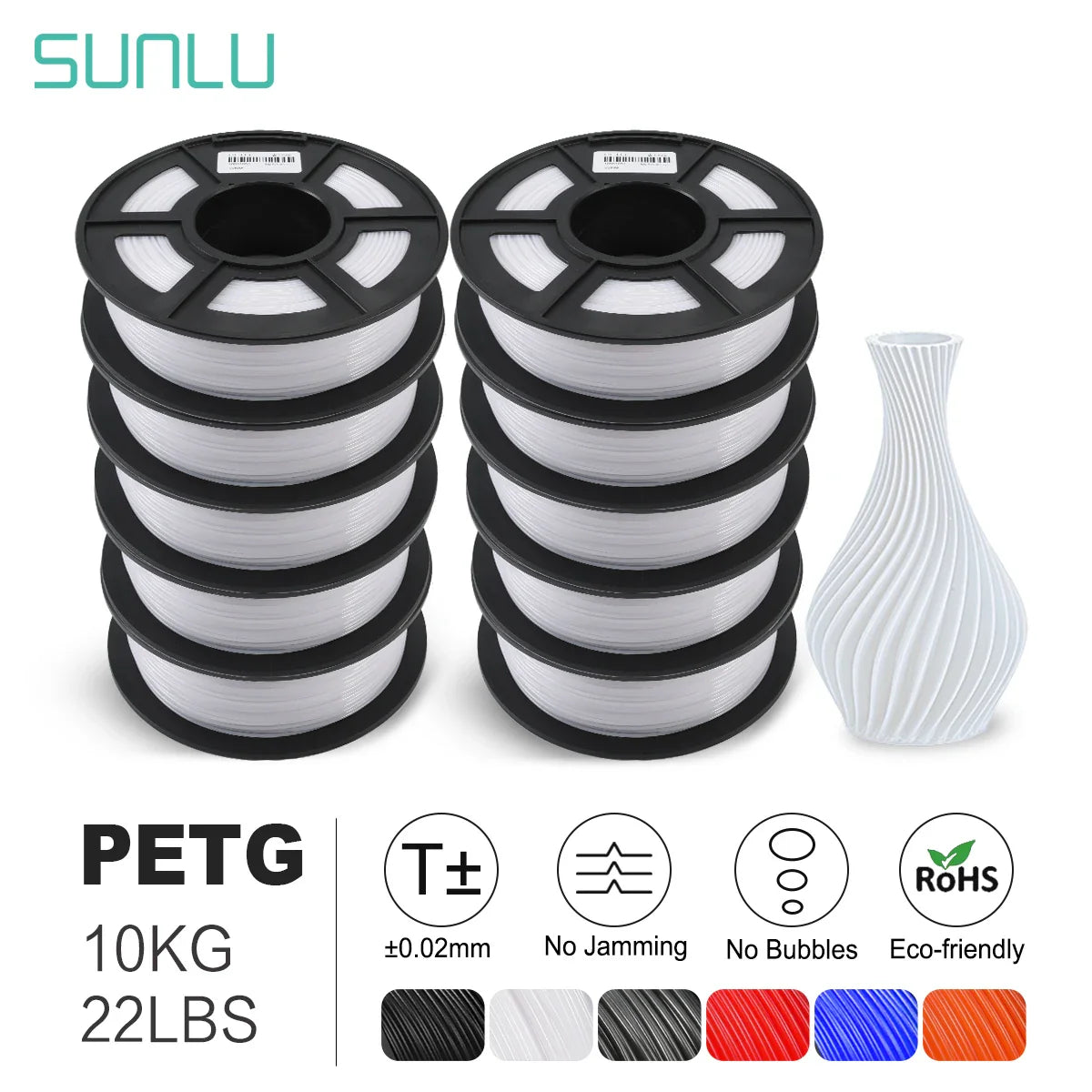 SUNLU PLA/PETG/PLA+ 3D Printer Filament Bundle – 10 Rolls 1KG Each, 1.75mm Neatly Wound Filament for 3D Printing (EU/US)