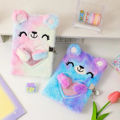 Cartoon Bear Plush Lock Notebook A5 Tie-Dye Diary Journal for Girls – Cute Stationery Gift