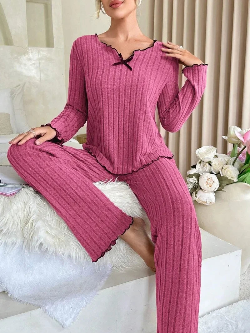 Women’s Autumn & Winter Ribbed Pajama Set – Long-Sleeve Top and Pants, 2-Piece Casual Homewear Loungewear