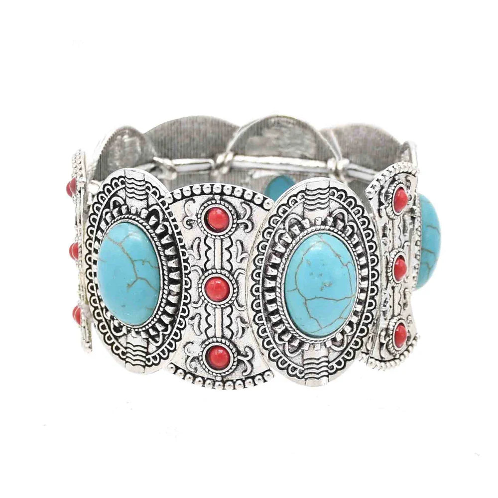 Gypsy Boho Tibetan Turquoise Bracelet for Women & Men – Vintage Elastic Ethnic Bangle Jewelry