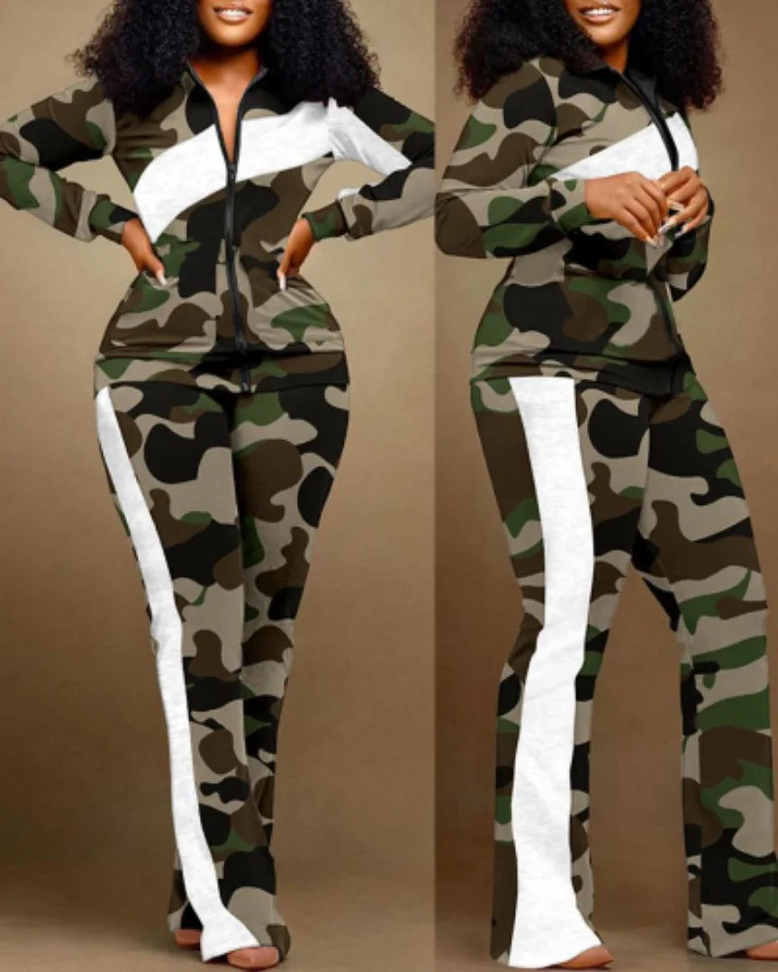 Women’s 2023 Autumn Two-Piece Set – Geometric Print Stand Collar Zip-Up Top & Casual Sporty Pants
