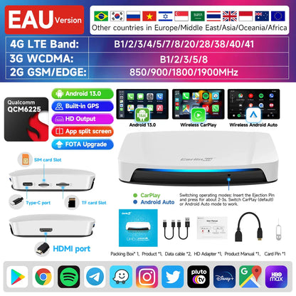 8+128GB Carlinkit TV Box — Android 13 Wireless CarPlay & Android Auto Adapter, 8-Core Qualcomm, HDMI