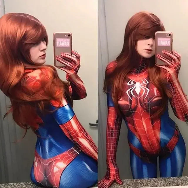 Adults Halloween MJ Spiderman Cosplay Costume — Female Mary Jane Watson Zentai Bodysuit Jumpsuit for Party