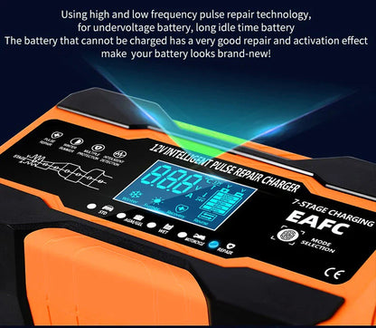 12V/24V Smart Battery Charger — 10A/12A Fast Charger with 7-Stage Pulse Repair for AGM, GEL, WET Lead-Acid Car Batteries