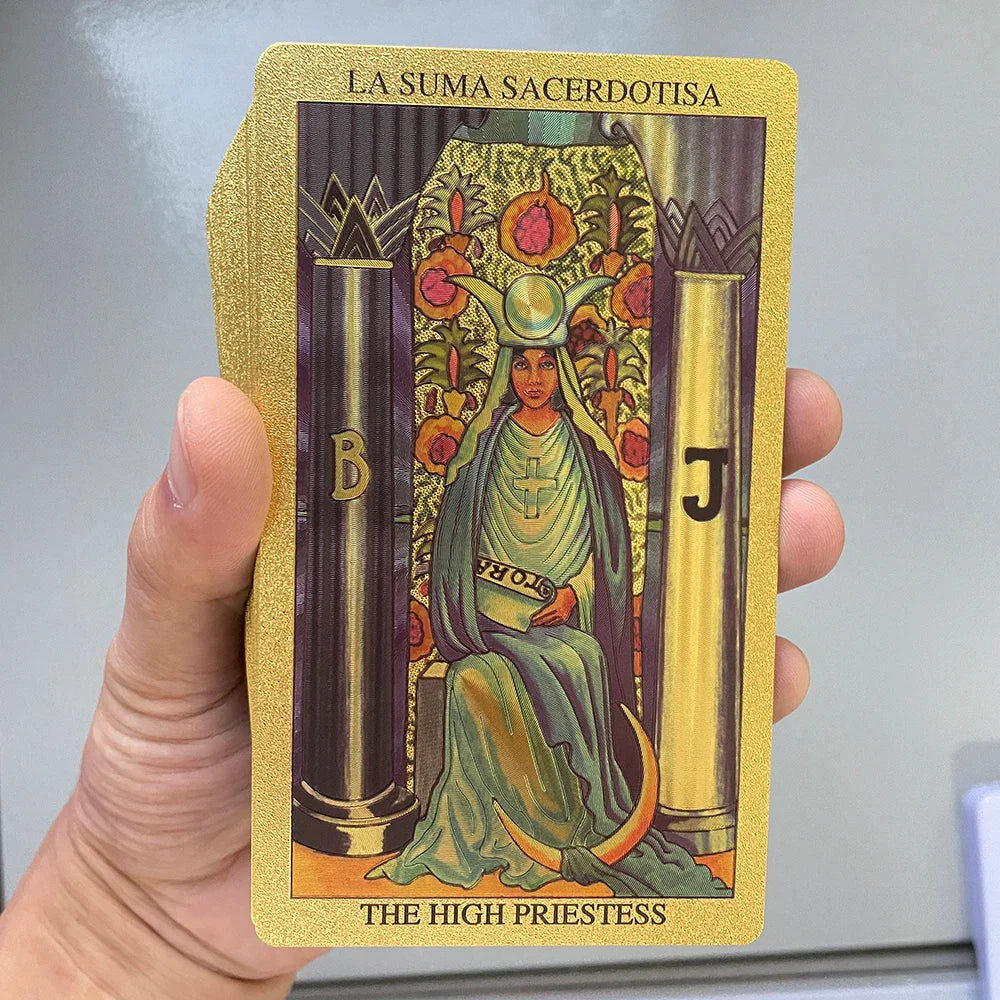 Spanish & English Golden Foil Tarot Cards – 12x7cm Divination Deck for Beginners with 2-Language Guidebook