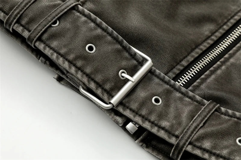 RARF 2024 Women's Washed Leather Jacket – Coal Gray Short Coat with Belt, Vintage Lapel & Zipper