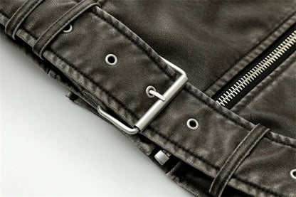 RARF 2024 Women's Washed Leather Jacket – Coal Gray Short Coat with Belt, Vintage Lapel & Zipper