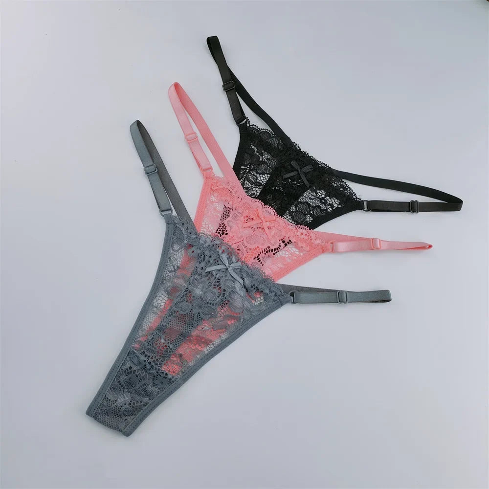 Women's Lace Thong Set - 3-Piece Low Waist Breathable Sheer G-String Lingerie