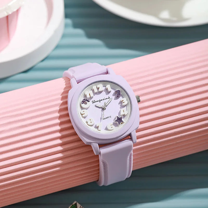 Fashion 3D Arabic Dial Women’s Quartz Watch – Candy Color Silicone Square Band