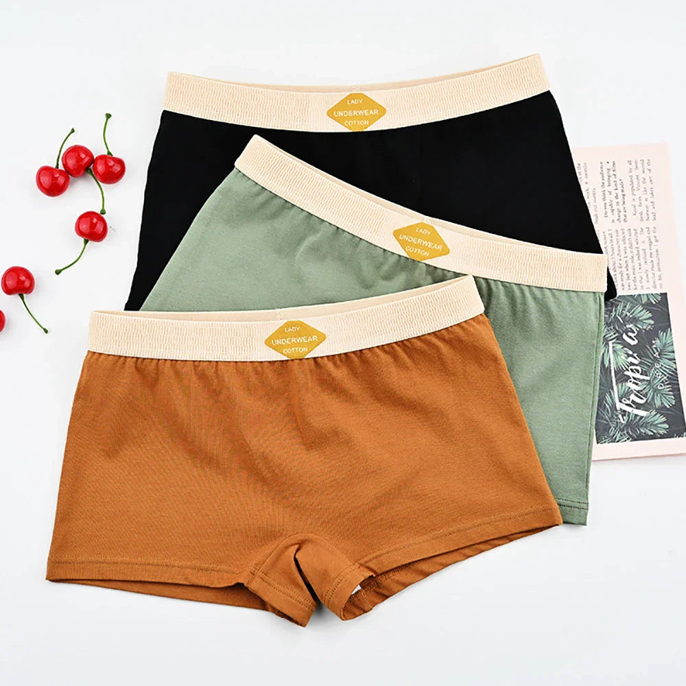 3PCS Women’s Cotton Boxer Underwear — Multicolor Solid Breathable Knit Panties, Soft High-Elastic Mid-Rise Boyshorts