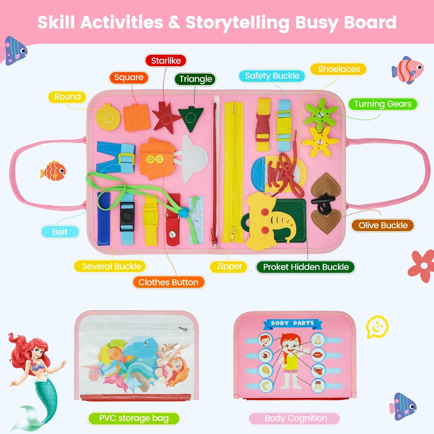 Montessori Toddler Busy Board – Educational Activity for Basic Dress Motor Skills, Baby Learning Toy for Travel