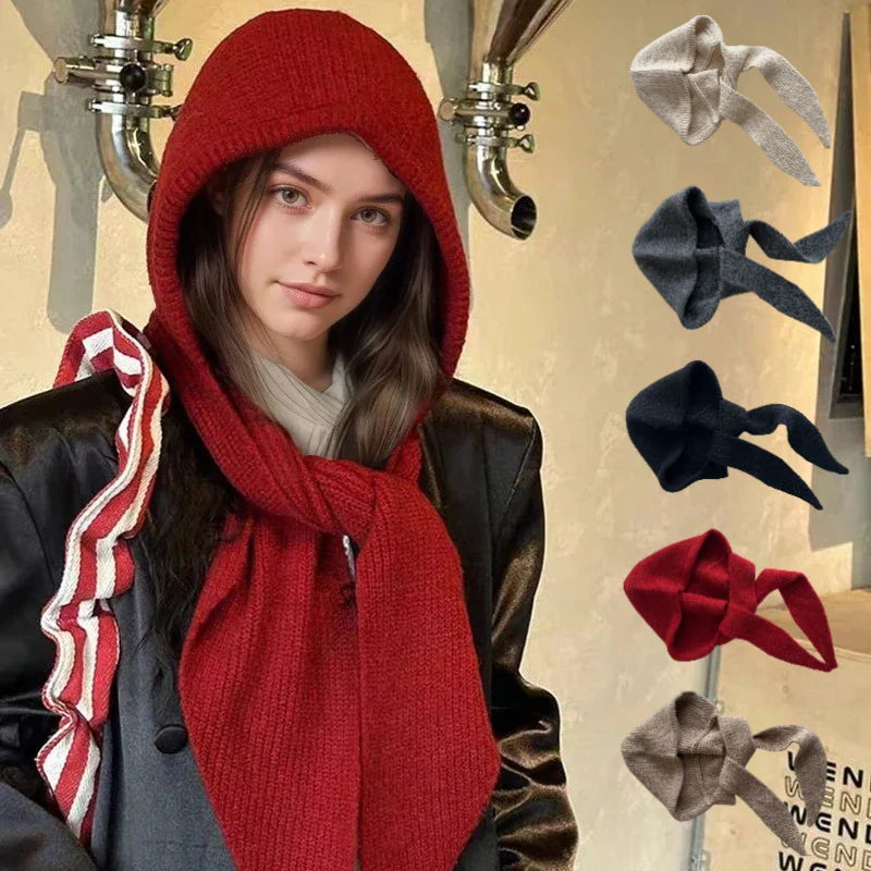 Women’s Warm Hooded Knitted Hat – Autumn Winter Ear Protection Balaclava, Versatile Windproof Ski Beanie with Scarf